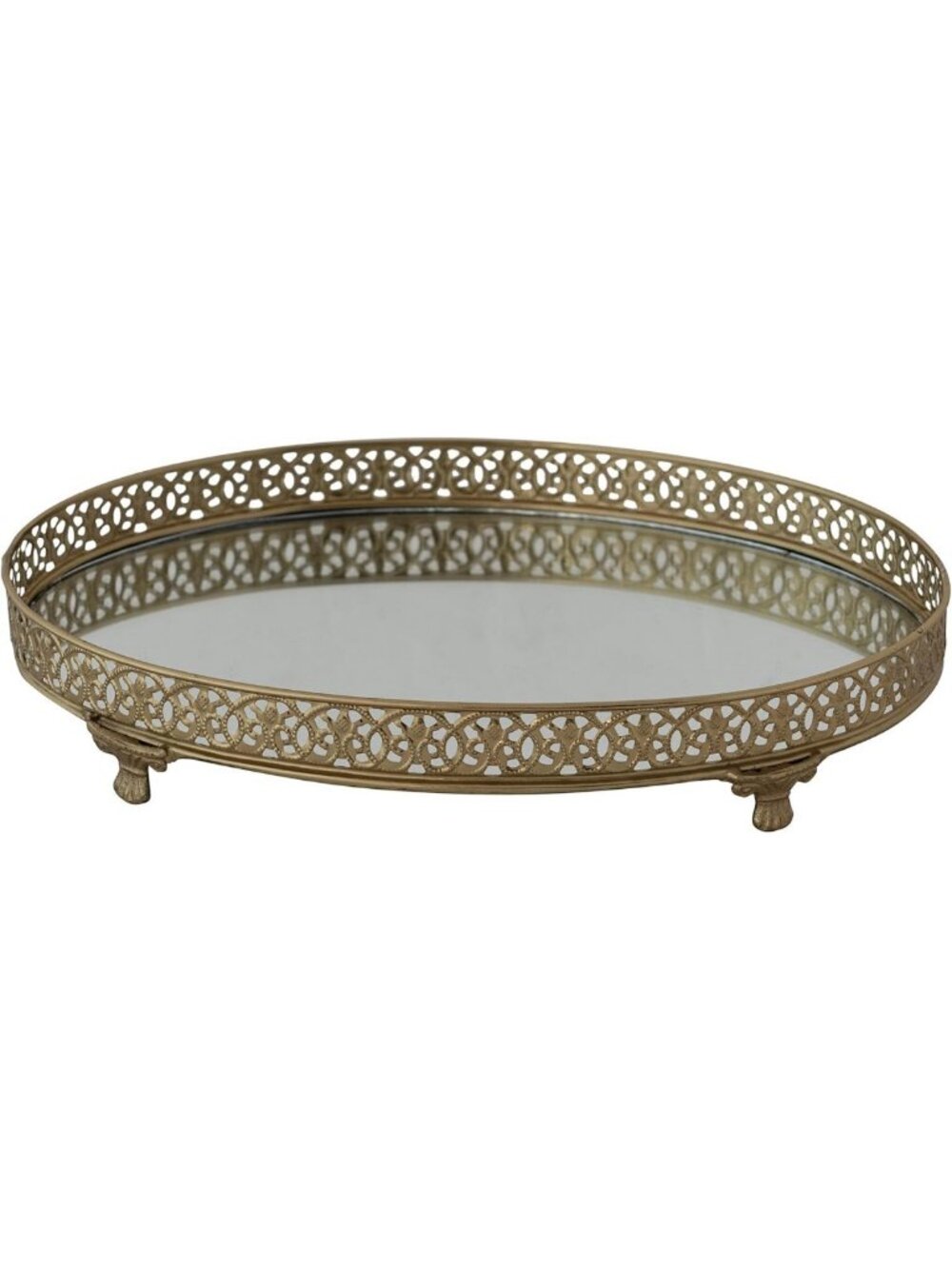 Elegant Oval Metal Filigree Footed Tray with Mirror - Gold Decorative Accent